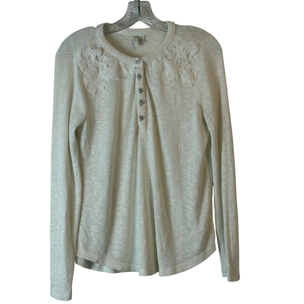 Est 1946 Ivory Lace Inset Long Sleeve Knit Top Women's Size S Henley Tee